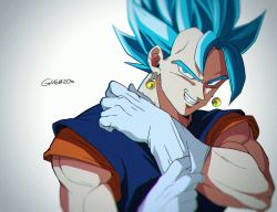 Rule 34 | 10s, 1boy, blue eyes, blue hair, close-up, dragon ball, dragon ball super, dragonball z, earrings, frown, gloves, gradient background, grey background, grin, head tilt, jewelry, looking at viewer, male focus, muscular, potara earrings, shaded face, short hair, simple background, smile, spiked hair, super saiyan, super saiyan blue, tama azusa hatsu, twitter username, upper body, vegetto, white background