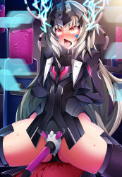 Rule 34 | 1girl, arms behind back, blush, code: ultimate (elsword), crown, earrings, electricity, elsword, eve (elsword), facial mark, forehead jewel, hair between eyes, highres, jewelry, liquid, long hair, open mouth, silver hair, steelycross, tongue, tongue out, very long hair