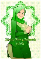 Rule 34 | 1girl, artist name, breast lift, breasts, dress, green dress, green eyes, green nails, hands on own chest, highres, hijab, looking at viewer, nail polish, nigaw, original, own hands together, signature, simple background, smile, standing, thick thighs, thighs