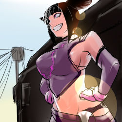 Rule 34 | 1girl, bad id, bad pixiv id, bare shoulders, black hair, breasts, capcom, detached sleeves, drill hair, dudou, elbow gloves, evil grin, evil smile, fingerless gloves, gloves, grin, groin, halterneck, halterneck, han juri, hands on own hips, large breasts, midriff, navel, ojo (dfreak), purple eyes, short hair, sideboob, smile, solo, street fighter, street fighter iv (series), twin drills, twintails