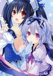 Rule 34 | 2girls, absurdres, backless dress, backless outfit, bare shoulders, beaker, black hair, blue hair, blush, dress, hair ornament, highres, kami jigen game neptune v, long hair, looking at viewer, mouth hold, multiple girls, neptune (series), noire (neptunia), official art, open mouth, panties, purple hair, pururut, red eyes, ribbon, smile, symbol-shaped pupils, tsunako, twintails, underwear, very long hair