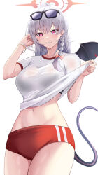 Rule 34 | 1girl, absurdres, arisugawa ya, blue archive, glasses on head, haruna (blue archive), highres, looking at viewer, medium hair, shirt, short sleeves, simple background, solo, white hair, white shirt