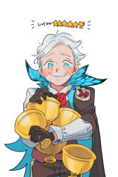 Rule 34 | 1boy, blue eyes, blush, brown gloves, brown pants, brown vest, cheekbones, coat, coat on shoulders, crying, facial hair, fate/grand order, fate (series), gameplay mechanics, gloves, grey hair, highres, holding cup, holy grail (fate), james moriarty (archer) (fate), long sleeves, male focus, mustache, old, old man, oneroom-disco, pants, shirt, short hair, tears, vest, white background, white shirt, wrinkled skin