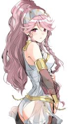 Rule 34 | 1girl, blush, braid, dress, elbow gloves, fire emblem, fire emblem awakening, fire emblem heroes, gloves, highres, looking at viewer, nintendo, olivia (fire emblem), ormille, pink hair, ponytail, red eyes, simple background