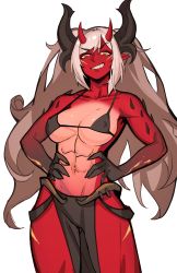 Rule 34 | 1girl, abs, absurdres, bikini, bikini top only, black bikini, breasts, colored skin, commission, covered erect nipples, demon girl, distr, grey hair, grin, hands on own hips, highres, horns, large breasts, long hair, looking at viewer, monster girl, navel, original, pelvic curtain, pointy ears, red skin, simple background, smile, smug, solo, swimsuit, twintails, very long hair, white background, yellow eyes