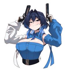 Rule 34 | 1girl, black pants, blue eyes, blue hair, blue necktie, blue shirt, breasts, cleavage cutout, clothing cutout, collared shirt, commentary, detached sleeves, dual wielding, english commentary, gloves, gun, hair intakes, handgun, holding, holding gun, holding weapon, hololive, hololive english, large breasts, long hair, necktie, ouro kronii, ouro kronii (4th costume), pants, ryou sakai, shirt, shirt tucked in, short necktie, simple background, sleeveless, sleeveless shirt, smile, solo, upper body, virtual youtuber, weapon, white background, white gloves