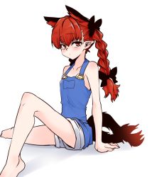 Rule 34 | 1girl, animal ears, arm support, bad id, bad pixiv id, bow, braid, cat ears, extra ears, hair bow, kaenbyou rin, long hair, looking at viewer, mizuga, multiple tails, naked overalls, overalls, pants, pants rolled up, pointy ears, red eyes, red hair, simple background, sitting, solo, suspenders, tail, touhou, twin braids, white background