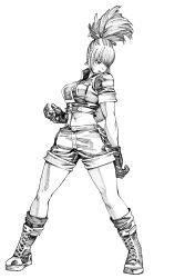 Rule 34 | 1girl, absurdres, boots, combat boots, cropped jacket, earrings, full body, gloves, high collar, high ponytail, highres, jewelry, leona heidern, lineart, matsubara toshi, military, military uniform, monochrome, navel, ponytail, short sleeves, shorts, simple background, soldier, solo, suspender shorts, suspenders, the king of fighters, uniform, white background