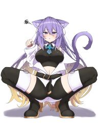 Rule 34 | 1girl, absurdres, animal ears, boots, cat ears, cat tail, colored inner hair, crop top, highres, hololive, hololive indonesia, long hair, midoku (itijikusakura), moona hoshinova, multicolored hair, nail polish, paw pose, purple eyes, purple hair, solo, spread legs, squatting, squiggle, starry hair, tail, thigh boots, two-tone hair, virtual youtuber
