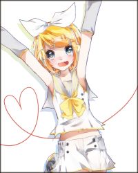 Rule 34 | 1girl, :d, armpits, arms up, blonde hair, blue eyes, bow, collared shirt, detached sleeves, fang, grey shirt, grey sleeves, hair bow, hair ornament, hairband, hairclip, heart, jumping, kagamine rin, long sleeves, looking at viewer, manya sora, midriff, navel, open mouth, outstretched arms, sailor collar, sailor shirt, shirt, short hair, short shorts, shorts, simple background, sleeveless, sleeveless shirt, smile, solo, stomach, swept bangs, vocaloid, white background, white bow, white hairband, white shirt, white shorts, yellow neckwear