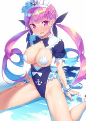 Rule 34 | 1girl, :d, anchor symbol, blue hair, blue leotard, blush, braid, breastless clothes, breasts, commentary request, french braid, hair ribbon, hand on own thigh, highleg, highleg leotard, highres, hololive, kazuma (kazumav), large breasts, leotard, long hair, looking at viewer, maid headdress, minato aqua, minato aqua (1st costume), multicolored hair, nose blush, open mouth, puffy short sleeves, puffy sleeves, purple eyes, purple hair, ribbon, seashell, shell, short sleeves, simple background, sitting, smile, solo, sweat, twintails, two-tone hair, very long hair, virtual youtuber, wariza, wrist cuffs