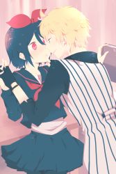 Rule 34 | 1boy, 1girl, alternate costume, aoi choko (aoichoco), black hair, blonde hair, blue eyes, blush, bow, finger to another&#039;s mouth, fingerless gloves, gloves, hair bow, hetero, highres, incest, kagamine len, kagamine rin, long sleeves, looking at another, project diva (series), project diva x, red eyes, short hair, siblings, simple background, skirt, smile, twincest, twins, vocaloid