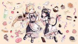 Rule 34 | 2girls, :d, ahoge, animal ear fluff, animal ears, apron, black bow, black footwear, black hair, black skirt, blonde hair, blueberry tart, bow, brown background, cake, cat ears, cat girl, cat tail, center frills, commentary, commission, cookie, cup, doughnut, drink, drinking glass, drinking straw, food, frilled apron, frills, fruit, fruit tart, hands up, highres, holding, holding tray, long hair, low twintails, maid, mechuragi, multiple girls, open mouth, original, outline, pink bow, plate, puffy short sleeves, puffy sleeves, red eyes, saucer, shirt, shoe soles, shoes, short sleeves, skirt, smile, spoon, strawberry, swiss roll, tail, tail bow, tail ornament, tart (food), teacup, teapot, thighhighs, tray, twintails, very long hair, waffle, waist apron, white apron, white legwear, white outline, white shirt, yellow eyes