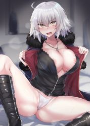 Rule 34 | 1girl, ahoge, areola slip, bed sheet, black dress, black footwear, blonde hair, blue jacket, blush, boots, breasts, cameltoe, cleavage, coat, collarbone, dark, dress, fate/grand order, fate (series), full-length zipper, fur-trimmed coat, fur-trimmed jacket, fur-trimmed sleeves, fur collar, fur trim, heavy breathing, highres, indoors, jacket, jeanne d&#039;arc (fate), jeanne d&#039;arc alter (fate), jeanne d&#039;arc alter (ver. shinjuku 1999) (fate), jewelry, kazami chiu, knee boots, large breasts, looking at viewer, necklace, nipple slip, nipples, official alternate costume, open clothes, open coat, open jacket, open mouth, panties, pillow, platinum blonde hair, short dress, short hair, solo, spread legs, underwear, undressing, unzipped, white panties, wicked dragon witch ver. shinjuku 1999, yellow eyes, zipper