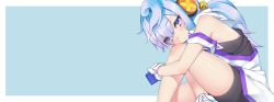 Rule 34 | 10s, 1boy, bare shoulders, bike shorts, blue background, blue hair, gloves, hacka doll, hacka doll 3, highres, long hair, looking at viewer, male focus, megalateo, purple eyes, sitting, solo, trap, white gloves