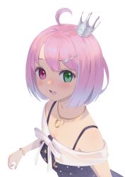 Rule 34 | 1girl, absurdres, ahoge, bare shoulders, bracelet, commentary, crescent, crescent necklace, crown, green eyes, hair ornament, hairclip, heterochromia, highres, himemori luna, himemori luna (sundress), hololive, jewelry, light blush, looking at viewer, mini crown, necklace, open mouth, pink hair, short hair, solo, star (symbol), star print, takami masahiro, tilted headwear, transparent background, virtual youtuber
