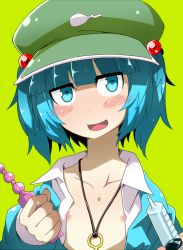 Rule 34 | 1girl, anal beads, androgynous, bad id, bad pixiv id, blue eyes, blue hair, blush, collagen, collarbone, dress shirt, enema, female focus, flat chest, hair bobbles, hair ornament, hat, jewelry, kawashiro nitori, key, looking at viewer, matching hair/eyes, necklace, nipples, open clothes, open mouth, open shirt, reverse trap, sex toy, shirt, short hair, simple background, smile, solo, syringe, touhou, twintails, two side up, upper body