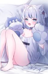 Rule 34 | 1girl, :d, animal ears, animal hands, bare legs, bare shoulders, barefoot, black choker, blue eyes, blue hair, blush, bottomless, cat ears, choker, collarbone, commentary, cushion, flat chest, gawr gura, gloves, hair ornament, highres, hololive, hololive english, kemonomimi mode, knees up, looking at viewer, multicolored hair, nyan, open mouth, paw gloves, shark hair ornament, sharp teeth, shirt, sitting, smile, solo, streaked hair, teeth, two-tone hair, two side up, upper teeth only, virtual youtuber, white hair, white shirt, yuzuno kaori