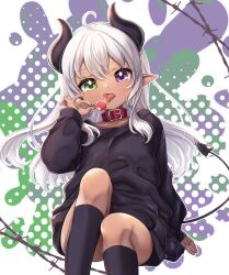 Rule 34 | 1girl, black socks, black sweater, candy, collar, commission, dark-skinned female, dark skin, demon girl, demon horns, demon tail, fang, food, green eyes, heterochromia, highres, holding, holding candy, holding food, holding lollipop, horns, lollipop, long hair, long sleeves, looking at viewer, no pants, original, pink eyes, pointy ears, puico, red collar, skeb commission, socks, sweater, tail, tongue, tongue out, white hair