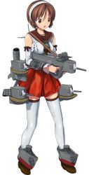 Rule 34 | 10s, 1girl, bow, brown eyes, brown hair, detached sleeves, full body, gun, hair bow, holding, holding gun, holding weapon, kantai collection, kuuro kuro, natori (kancolle), official art, open mouth, pleated skirt, red skirt, short hair, skirt, solo, thighhighs, transparent background, weapon, white thighhighs, zettai ryouiki