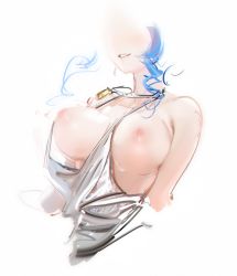 Rule 34 | 1girl, azur lane, backless dress, backless outfit, bare shoulders, blue hair, breast slip, breasts, breasts out, cleavage, dress, earrings, evening gown, grey dress, halter dress, halterneck, highres, jewelry, large breasts, necklace, nipples, no bra, parted lips, plunging neckline, quuni, revealing clothes, sidelocks, silver dress, simple background, solo, st. louis (azur lane), st. louis (luxurious wheels) (azur lane), white background
