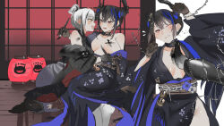 Rule 34 | 2girls, adapted costume, asymmetrical horns, black hair, blush, breasts, colored inner hair, demon horns, hair ornament, highres, holding, holding brush, holding paintbrush, hololive, hololive english, horns, japanese clothes, kimono, large breasts, long hair, long sleeves, looking at viewer, mole, mole under eye, multicolored hair, multiple girls, nerissa ravencroft, nerissa ravencroft (new year), official alternate costume, open mouth, paint, paint on body, paint stains, paintbrush, partially undressed, red eyes, set7, shiori novella, shiori novella (new year), smile, split-color hair, two-tone hair, uneven horns, virtual youtuber, wide sleeves, yellow eyes, yuri