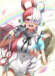 Rule 34 | 1girl, breasts, dress, eyelashes, feathered wings, fingerless gloves, frills, gloves, hair over one eye, headphones, highres, holding, holding microphone, long hair, looking at viewer, medium breasts, microphone, microphone stand, multicolored hair, one piece, one piece film: red, open mouth, oversized clothes, pepushi drow, purple eyes, red hair, ribbon, short sleeves, solo, two-tone hair, uta (one piece), white dress, white hair, wings