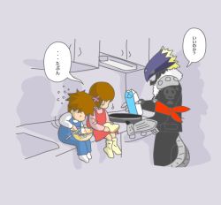 Rule 34 | 00s, 1girl, 2boys, age difference, ai (digimon), beelzebumon, brother and sister, cooking, demon, digimon, digimon tamers, looking at another, makoto (digimon), multiple boys, siblings, sitting, size difference