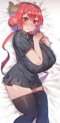 Rule 34 | 1girl, bed sheet, black shirt, black thighhighs, bow (bhp), breasts, closed mouth, dragon horns, horns, huge breasts, ilulu (maidragon), kobayashi-san chi no maidragon, long hair, looking at viewer, lying, pointy ears, red eyes, red hair, shirt, short sleeves, simple background, skindentation, solo, thighhighs, white background