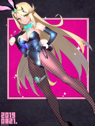 Rule 34 | 1girl, alternate costume, animal ears, bare shoulders, blonde hair, blush, breasts, bunny day, cleavage, detached collar, earrings, fake animal ears, full body, gem, headpiece, jewelry, large breasts, leotard, long hair, looking at viewer, mythra (xenoblade), nintendo, pantyhose, playboy bunny, rabbit ears, rabbit tail, sasaki tomomi, smile, solo, swept bangs, tail, tiara, wrist cuffs, xenoblade chronicles (series), xenoblade chronicles 2, yellow eyes