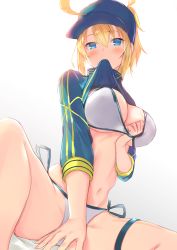 Rule 34 | 1girl, ahoge, artoria pendragon (fate), baseball cap, between legs, bikini, bikini pull, blonde hair, blue eyes, blue hat, blush, breasts, cleavage, closed mouth, clothes pull, commentary, covering crotch, covering privates, dutch angle, fate/grand order, fate (series), from below, hair between eyes, hair through headwear, hand between legs, hand under clothes, hand under swimsuit, hat, highres, large breasts, leg ribbon, leg strap, legs, long hair, long sleeves, looking at viewer, mouth hold, mysterious heroine x (fate), mysterious heroine xx (fate), navel, nishin (nsn 0822), ponytail, ribbon, shrug (clothing), side-tie bikini bottom, simple background, sitting, sketch, solo, spread legs, stomach, swimsuit, thigh strap, thighs, white background, white bikini