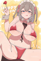 Rule 34 | 1girl, :q, areola slip, bikini, blush, bow, breasts, breath, chocolate, chocolate on body, chocolate on breasts, dated, detached collar, food, food on body, fork, fruit, grey hair, hair between eyes, hair bow, highres, holding, holding fork, huge breasts, large areolae, long hair, looking at viewer, maid headdress, original, pink bow, red bikini, rkrk, side-tie bikini bottom, signature, solo, strawberry, sweat, swimsuit, tongue, tongue out, two side up, untied bikini, valentine, wrist cuffs