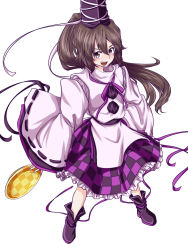 Rule 34 | 1girl, alternate color, alternate eye color, benizuwai, boots, brown hair, checkered clothes, checkered skirt, color switch, footwear ribbon, frilled skirt, frills, full body, hat, highres, himekaidou hatate, holding, holding plate, long hair, long sleeves, looking at viewer, mononobe no futo, open mouth, plate, pom pom (clothes), ponytail, purple eyes, purple skirt, ribbon, ribbon-trimmed sleeves, ribbon trim, short hair, simple background, skirt, smile, solo, standing, tate eboshi, teeth, tongue, touhou, white background, wide sleeves