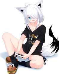 Rule 34 | 1girl, absurdres, ahoge, animal ear fluff, animal ears, black panties, black shirt, black socks, blush, braid, collarbone, commentary request, controller, earrings, fox ears, fox girl, fox tail, game controller, green eyes, hair between eyes, hair over one eye, highres, holding, holding controller, holding game controller, hololive, indian style, jewelry, jitome, long bangs, looking at viewer, nanatsu (na na tsu), open mouth, panties, pentagram, playstation controller, shirakami fubuki, shirakami fubuki (loungewear), shirt, sidelocks, simple background, single braid, sitting, slippers, socks, solo, tail, underwear, virtual youtuber, white background, white hair