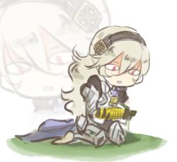 Rule 34 | 1girl, black hairband, cape, confused, corn, corrin (female) (fire emblem), corrin (fire emblem), fire emblem, fire emblem fates, grey hair, hairband, kneeling, lithety, long hair, lowres, nintendo, no shoes, open mouth, pun, red eyes, solo