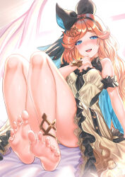 Rule 34 | 1girl, :d, aldehyde, ankle cuffs, anklet, arm garter, bare shoulders, barefoot, bed sheet, black bow, blue eyes, blush, bow, breasts, commentary, curtains, dress, feet, foot focus, foreshortening, granblue fantasy, hair bow, hair ornament, highres, jewelry, knees up, long hair, open mouth, orange hair, panties, pantyshot, sara (granblue fantasy), scrunchie, simple background, sitting, sketch, small breasts, smile, soles, solo, spread toes, teeth, thighs, toenails, toes, underwear, upper teeth only, wristlet
