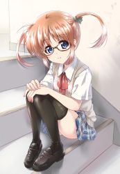 Rule 34 | 1girl, bespectacled, black footwear, black thighhighs, blue eyes, blue skirt, brown-framed eyewear, brown hair, closed mouth, commentary request, dress shirt, glasses, green ribbon, grey sweater, hair ribbon, hands on own knees, highres, indoors, kuroi mimei, loafers, looking at viewer, lyrical nanoha, mahou shoujo lyrical nanoha, miniskirt, neck ribbon, pleated skirt, red ribbon, ribbon, semi-rimless eyewear, shirt, shoes, short hair, short sleeves, sitting, skirt, smile, solo, stairs, sweater, sweater vest, takamachi nanoha, thighhighs, twintails, under-rim eyewear, white shirt, wing collar