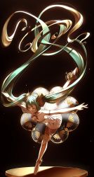 Rule 34 | 1girl, absurdly long hair, absurdres, aqua hair, ballerina, black background, chest tattoo, collarbone, commentary, diffraction spikes, dress, elbow gloves, closed eyes, floral print, gloves, gold trim, hair ornament, hatsune miku, highres, inu8neko, leg up, light particles, long hair, miku symphony (vocaloid), open mouth, outstretched arms, pedestal, see-through, see-through skirt, skirt, smile, solo, standing, standing on one leg, tattoo, tutu, twintails, very long hair, vocaloid, white gloves