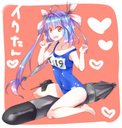 Rule 34 | 10s, 1girl, :d, ahoge, bad id, bad pixiv id, barefoot, blue hair, breasts, hair ornament, hair ribbon, heart, i-19 (kancolle), index finger raised, kantai collection, long hair, name tag, one-piece swimsuit, open mouth, personification, red eyes, ribbon, school swimsuit, sitting, smile, solo, star-shaped pupils, star (symbol), swimsuit, symbol-shaped pupils, text focus, torpedo, twintails, yabusaka