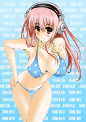 Rule 34 | 1girl, bikini, blue bikini, blush, breasts, cleavage, covered erect nipples, headphones, highres, large breasts, leaning forward, long hair, looking at viewer, navel, nitroplus, oda ken&#039;ichi, open mouth, pink hair, red eyes, smile, solo, star (symbol), star print, super sonico, swimsuit