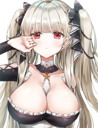 Rule 34 | 1girl, azur lane, bad id, bad pixiv id, bare shoulders, breasts, choker, dress, formidable (azur lane), frilled dress, frills, grey hair, hair between eyes, hair ribbon, jewelry, large breasts, long hair, looking at viewer, melings (aot2846), multicolored ribbon, red eyes, ribbon, solo, twintails, two-tone dress, two-tone ribbon, white background