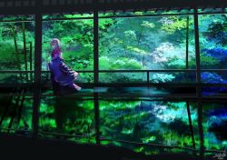 Rule 34 | 1girl, amatsuki rei, bad id, bad twitter id, commentary request, dappled sunlight, day, flower, forest, from side, green theme, grey hair, hair flower, hair ornament, hands in opposite sleeves, indoors, japanese clothes, kimono, long sleeves, looking away, nature, off shoulder, profile, puddle, reflection, scenery, signature, sleeves past wrists, solo, standing, sunlight, tree, walking, wide sleeves