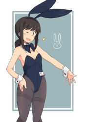 Rule 34 | 1girl, ;d, animal ears, badge, black eyes, black hair, black pantyhose, blue background, blue bow, blue bowtie, blue leotard, border, bow, bowtie, breasts, cleavage, cowboy shot, detached collar, fake animal ears, fubuki (kancolle), hand on own hip, kantai collection, kugui kiyunemu, leotard, looking at viewer, low ponytail, one eye closed, open mouth, pantyhose, playboy bunny, ponytail, rabbit ears, rabbit tail, short ponytail, sidelocks, small breasts, smile, solo, standing, strapless, strapless leotard, tail, thighband pantyhose, two-tone background, white border, wrist cuffs