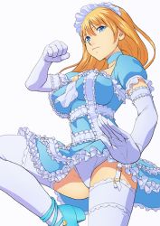 Rule 34 | 1girl, blonde hair, blue dress, blue eyes, blue footwear, breasts, choker, cometch, dress, elbow gloves, female focus, fighting stance, frilled dress, frills, from below, garter straps, gloves, headdress, large breasts, lolita fashion, long hair, looking at viewer, original, panties, shoes, solo, standing, standing on one leg, thighhighs, underwear, white panties, white thighhighs