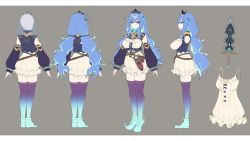 Rule 34 | ahoge, blue hair, breasts, character sheet, cleavage, cleavage cutout, clothing cutout, dress, grey background, highres, horns, large breasts, long hair, looking at viewer, official art, open hands, prism project, rikudou yura, smile, sword, thighhighs, tiara, virtual youtuber, weapon, white dress, x x, yaman