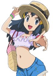 Rule 34 | 1girl, :d, alternate costume, bag, black hair, blue shorts, bracelet, brown hat, collarbone, commentary request, creatures (company), cropped shirt, dawn (pokemon), eyelashes, frills, game freak, grey eyes, hainchu, hand on headwear, hat, hat ribbon, highres, jewelry, long hair, looking at viewer, midriff, navel, nintendo, open mouth, pokemon, pokemon (anime), pokemon dppt (anime), poketch, purple shirt, ribbon, shirt, short sleeves, shorts, simple background, smile, solo, tongue, watch, white background, wristwatch