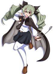 Rule 34 | 1girl, anchovy (girls und panzer), anzio school uniform, belt, black belt, black cape, black necktie, black ribbon, black skirt, brown footwear, cape, commentary, dress shirt, drill hair, emblem, female focus, full body, girls und panzer, green hair, hair ribbon, highres, leg up, long hair, long sleeves, looking at viewer, meiya, miniskirt, necktie, open mouth, pantyhose, pleated skirt, red eyes, ribbon, riding crop, school uniform, shadow, shirt, shoes, simple background, skirt, smile, solo, standing, standing on one leg, twin drills, twintails, white background, white pantyhose, white shirt, wing collar