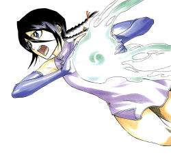 Rule 34 | 1girl, black hair, bleach, blue eyes, braid, charging forward, china dress, chinese clothes, cleaned, cowboy shot, dress, elbow gloves, energy ball, gloves, hair between eyes, highres, kubo tite, kuchiki rukia, official art, powering up, simple background, solo, twin braids, white background