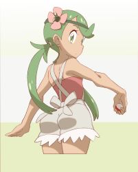 Rule 34 | 1girl, ass, bare arms, bare shoulders, closed mouth, cowboy shot, creatures (company), cropped legs, dark-skinned female, dark skin, eyebrows, eyelashes, flower, from behind, game freak, green eyes, green hair, green headband, headband, highres, holding, holding poke ball, legs together, long hair, looking back, mallow (pokemon), nintendo, nomura (buroriidesu), overalls, pink flower, pink shirt, poke ball, poke ball (basic), pokemon, pokemon sm, shirt, solo, strapless, trial captain, twintails