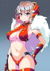 Rule 34 | 1girl, armlet, armor, azur lane, azur lane: slow ahead, bare shoulders, bikini, bikini armor, black gloves, blue eyes, blush, breasts, brown hair, cleavage, closed mouth, collarbone, commentary request, covered erect nipples, cowboy shot, edoara, elbow gloves, fingerless gloves, fur trim, gauntlets, gloves, grey background, groin, hair between eyes, halftone, halftone background, hand on own hip, headgear, large breasts, navel, red bikini, red thighhighs, short hair, sidelocks, simple background, skindentation, smile, solo, standing, stomach, swimsuit, thighhighs, z23 (azur lane), z23 (upgrade failure?!) (azur lane)